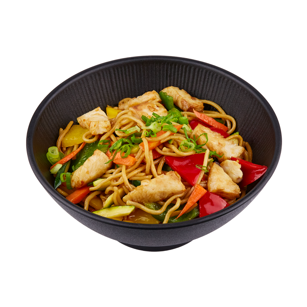 (295) Chicken Nudeln (mit gebratene Hühnerfleisch + Gemüse)